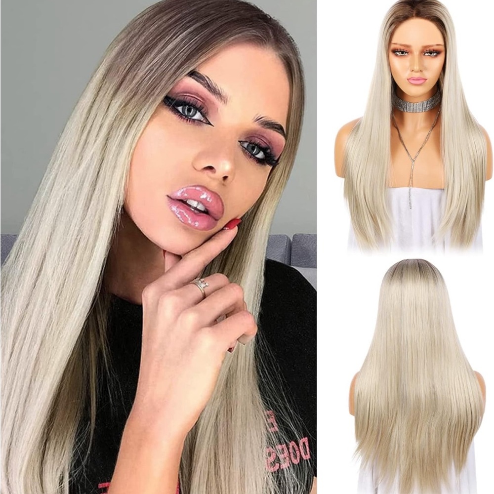 Long Straight Ombre Ash Blonde Wig Middle Part for Women Cosplay Daily Party Use